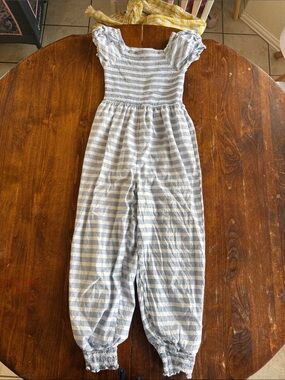 SweetHoney Blue and White Striped Puff-Sleeve Pajama Jumpsuit